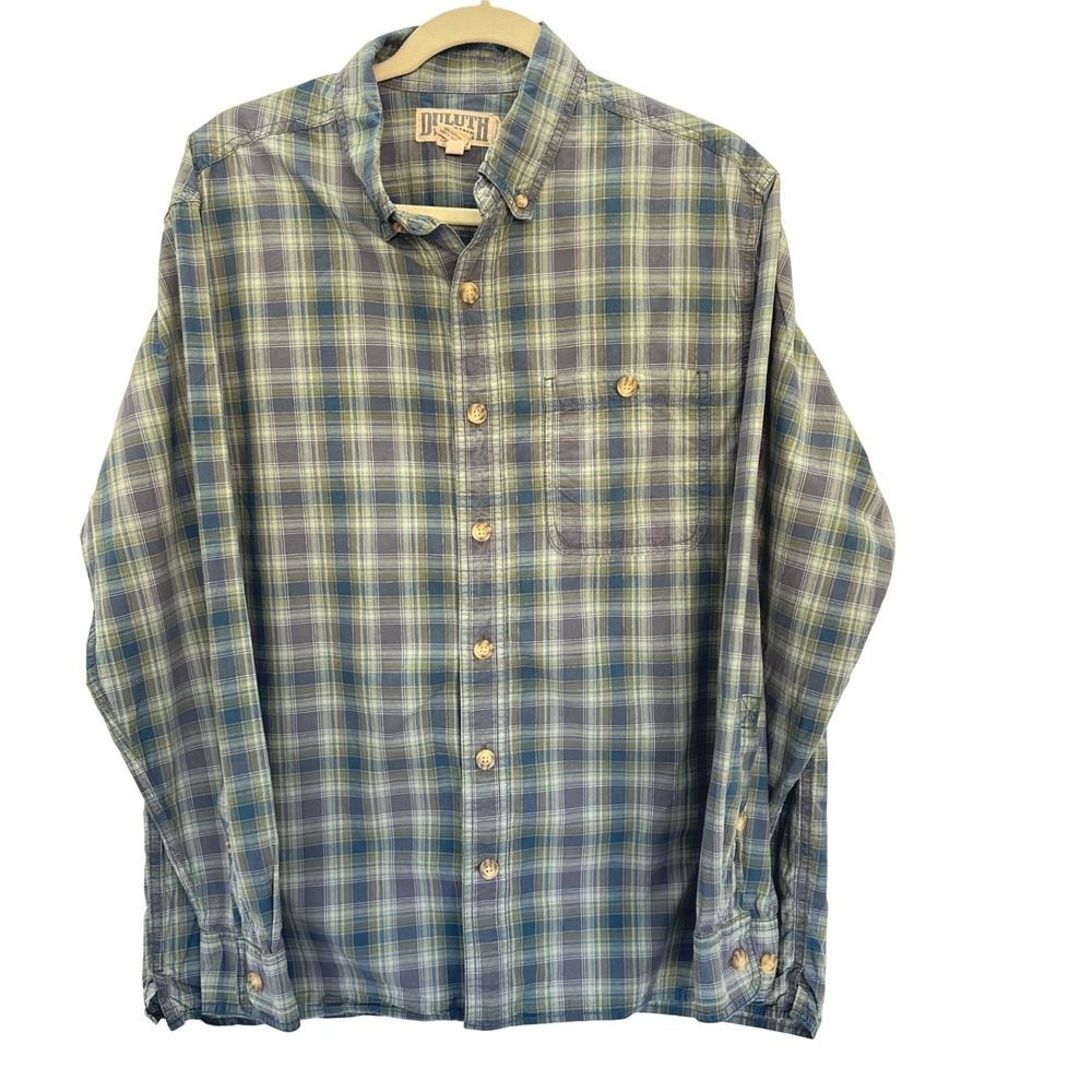 Duluth Trading Co. Mens M Medium Green Blue Plaid Button‎ Up Long Sleeve Shirt